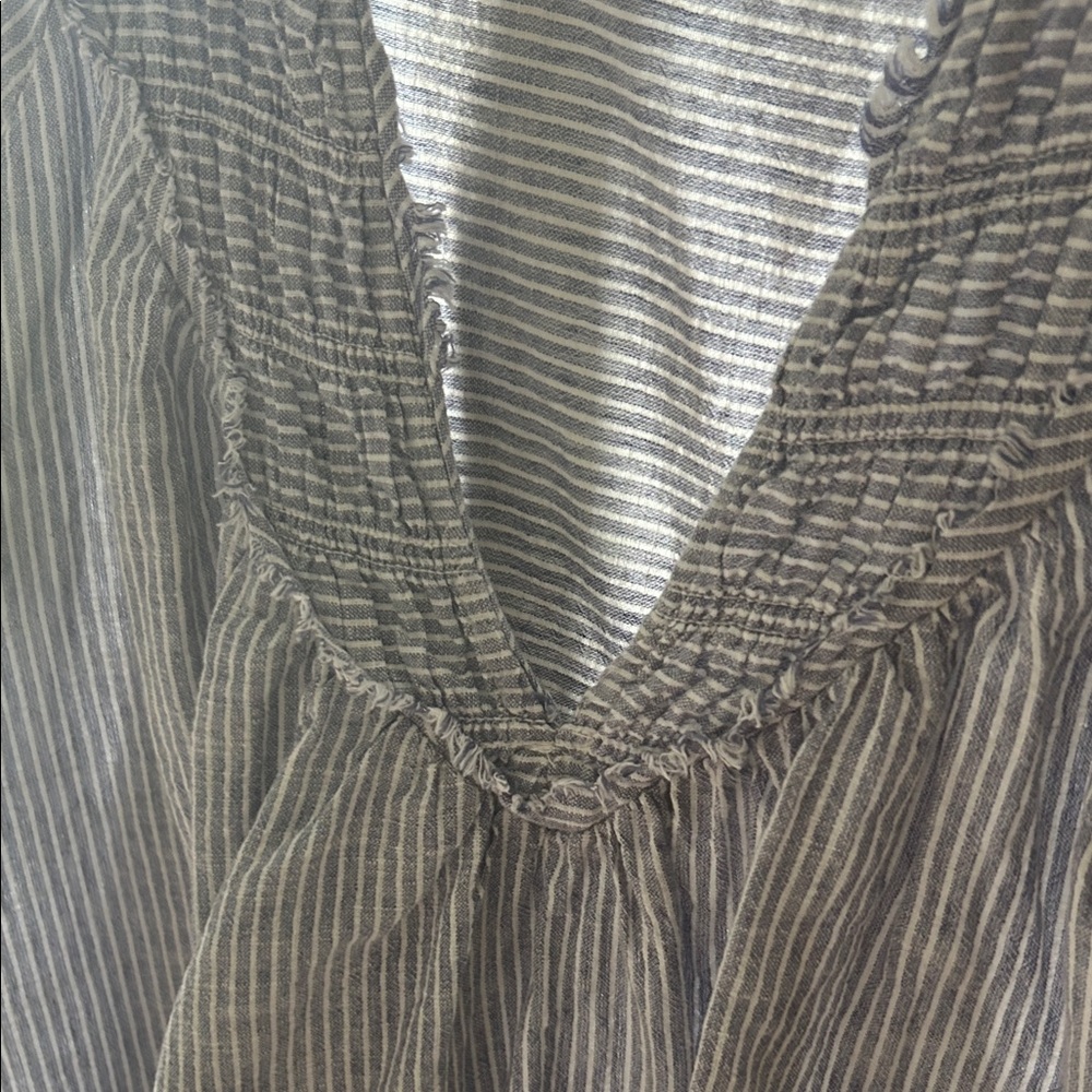 Anthropologie Blue and White Striped Ruffle Low V-Neck Blouse - Picture 4 of 6